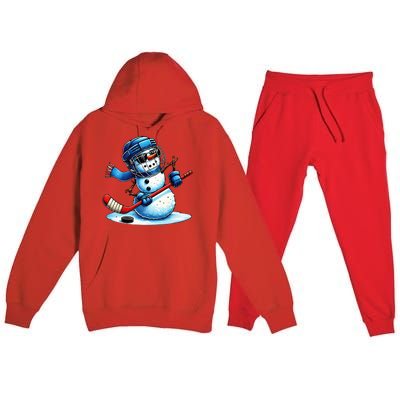 Funny Snowman Playing Ice Hockey Lovers Christmas Premium Hooded Sweatsuit Set