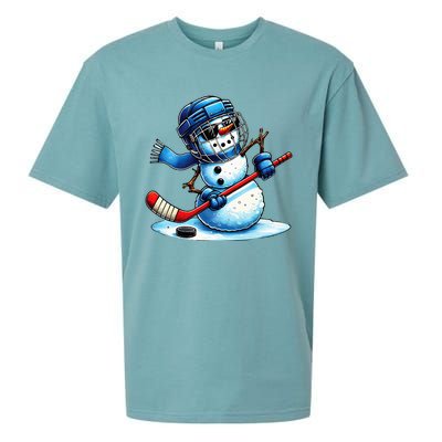 Funny Snowman Playing Ice Hockey Lovers Christmas Sueded Cloud Jersey T-Shirt