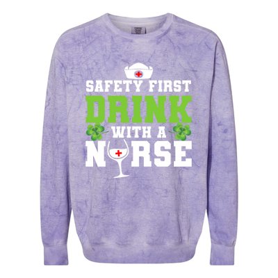 Funny St Patricks Day Safety First With A Nurse Cute Gift Colorblast Crewneck Sweatshirt