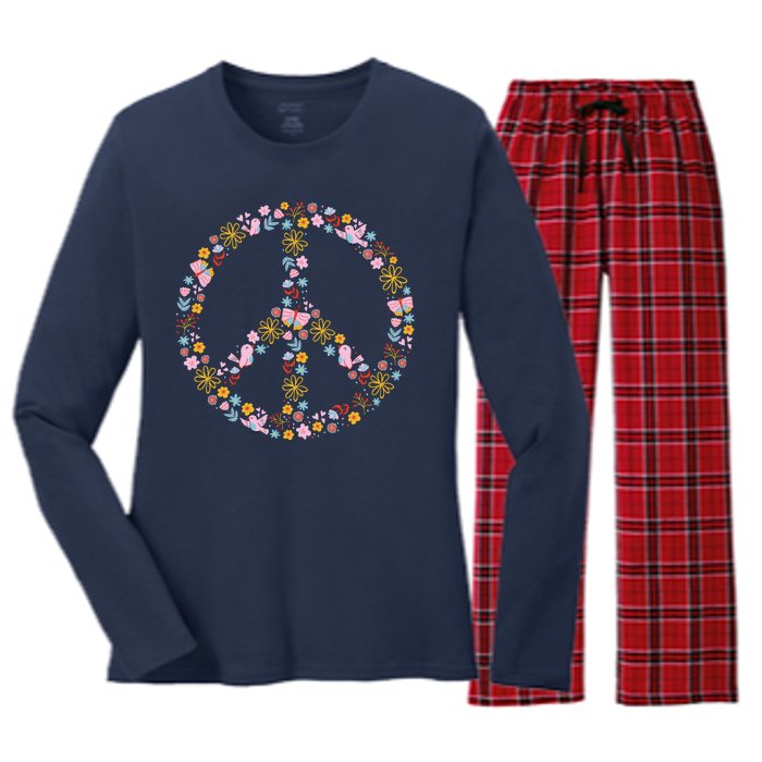 Floral Spring Peace Sign Women's Long Sleeve Flannel Pajama Set 