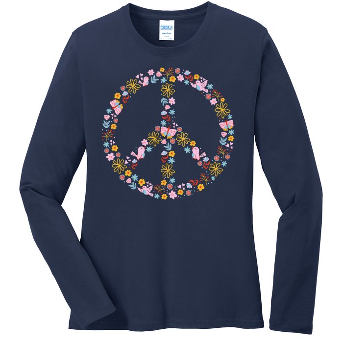 Floral Spring Peace Sign Ladies Long Sleeve Shirt