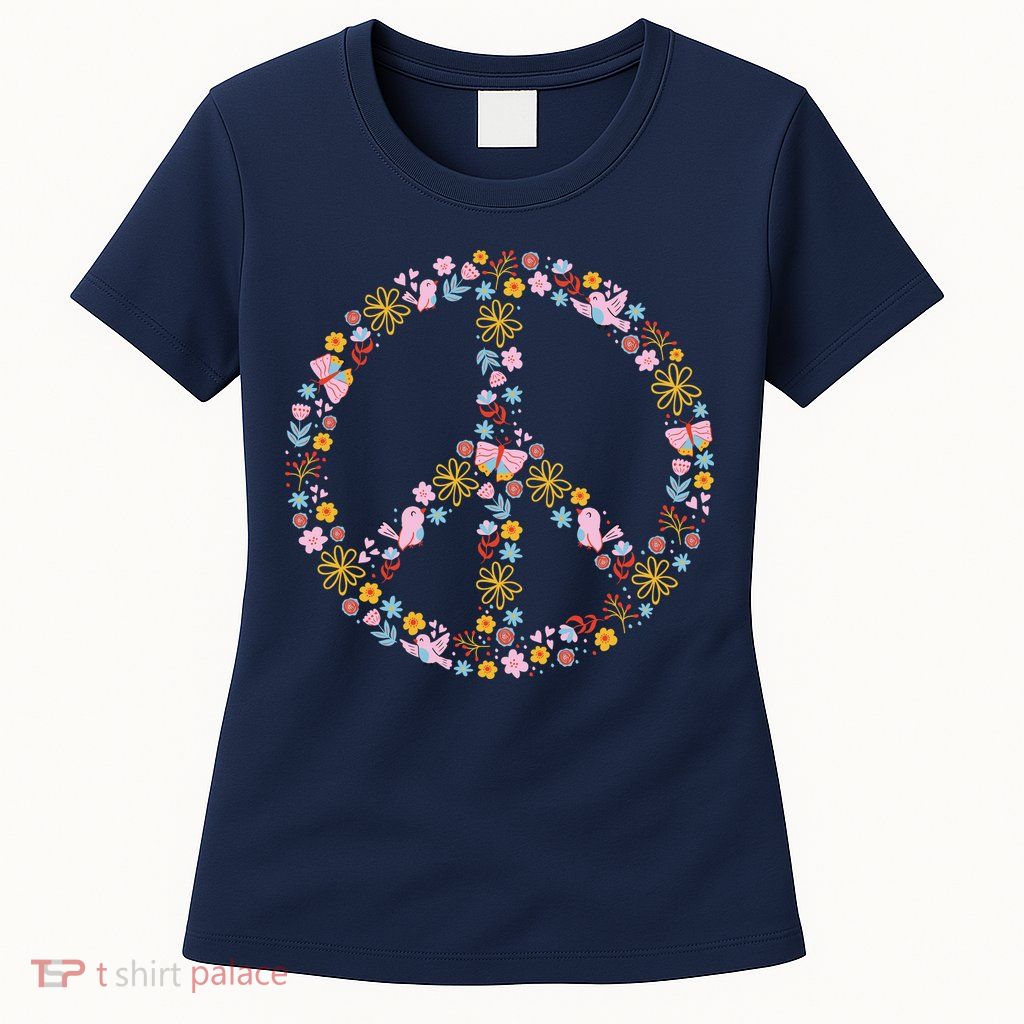 Floral Spring Peace Sign Womens T-Shirt