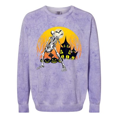 Funny Skeleton Playing Guitar Pumpkin Happy Halloween Vibes Colorblast Crewneck Sweatshirt