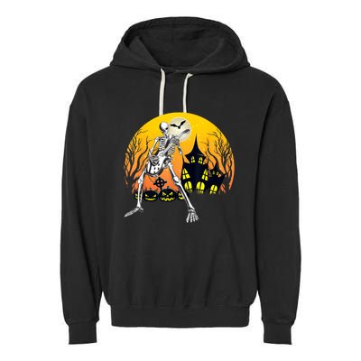 Funny Skeleton Playing Guitar Pumpkin Happy Halloween Vibes Garment-Dyed Fleece Hoodie