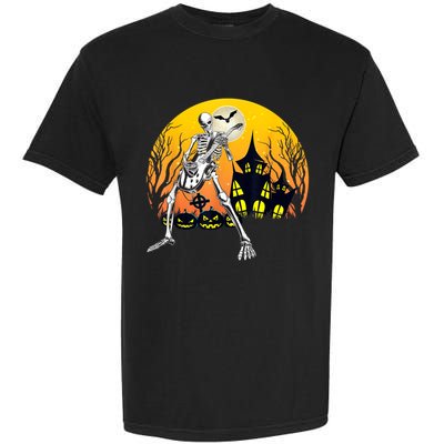 Funny Skeleton Playing Guitar Pumpkin Happy Halloween Vibes Garment-Dyed Heavyweight T-Shirt