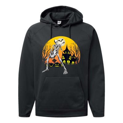 Funny Skeleton Playing Guitar Pumpkin Happy Halloween Vibes Performance Fleece Hoodie