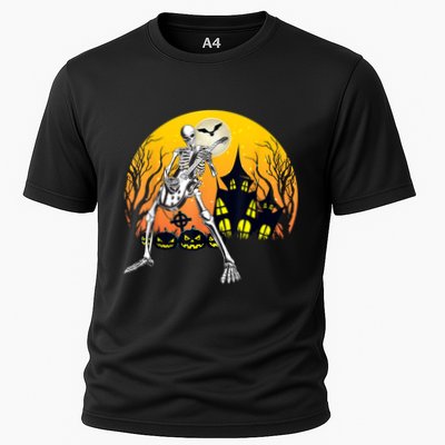 Funny Skeleton Playing Guitar Pumpkin Happy Halloween Vibes Performance Shirt
