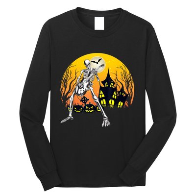 Funny Skeleton Playing Guitar Pumpkin Happy Halloween Vibes Long Sleeve Shirt