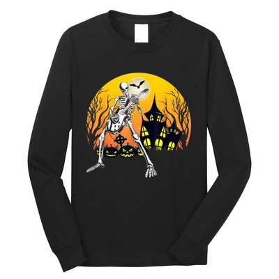 Funny Skeleton Playing Guitar Pumpkin Happy Halloween Vibes Long Sleeve Shirt