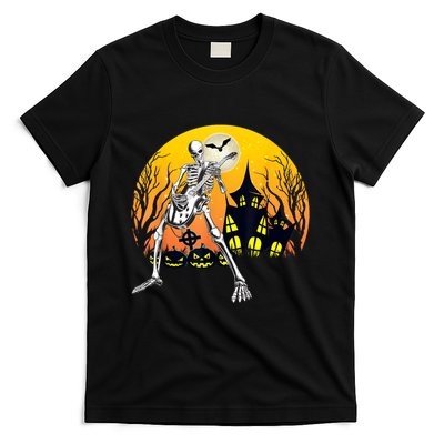 Funny Skeleton Playing Guitar Pumpkin Happy Halloween Vibes T-Shirt