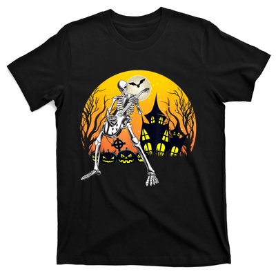 Funny Skeleton Playing Guitar Pumpkin Happy Halloween Vibes T-Shirt