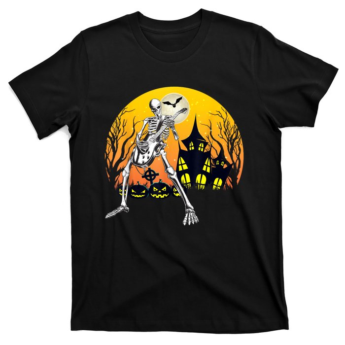 Funny Skeleton Playing Guitar Pumpkin Happy Halloween Vibes T-Shirt