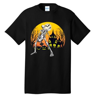 Funny Skeleton Playing Guitar Pumpkin Happy Halloween Vibes Tall T-Shirt