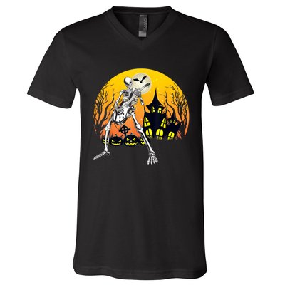 Funny Skeleton Playing Guitar Pumpkin Happy Halloween Vibes V-Neck T-Shirt