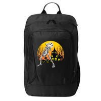 Funny Skeleton Playing Guitar Pumpkin Happy Halloween Vibes City Backpack