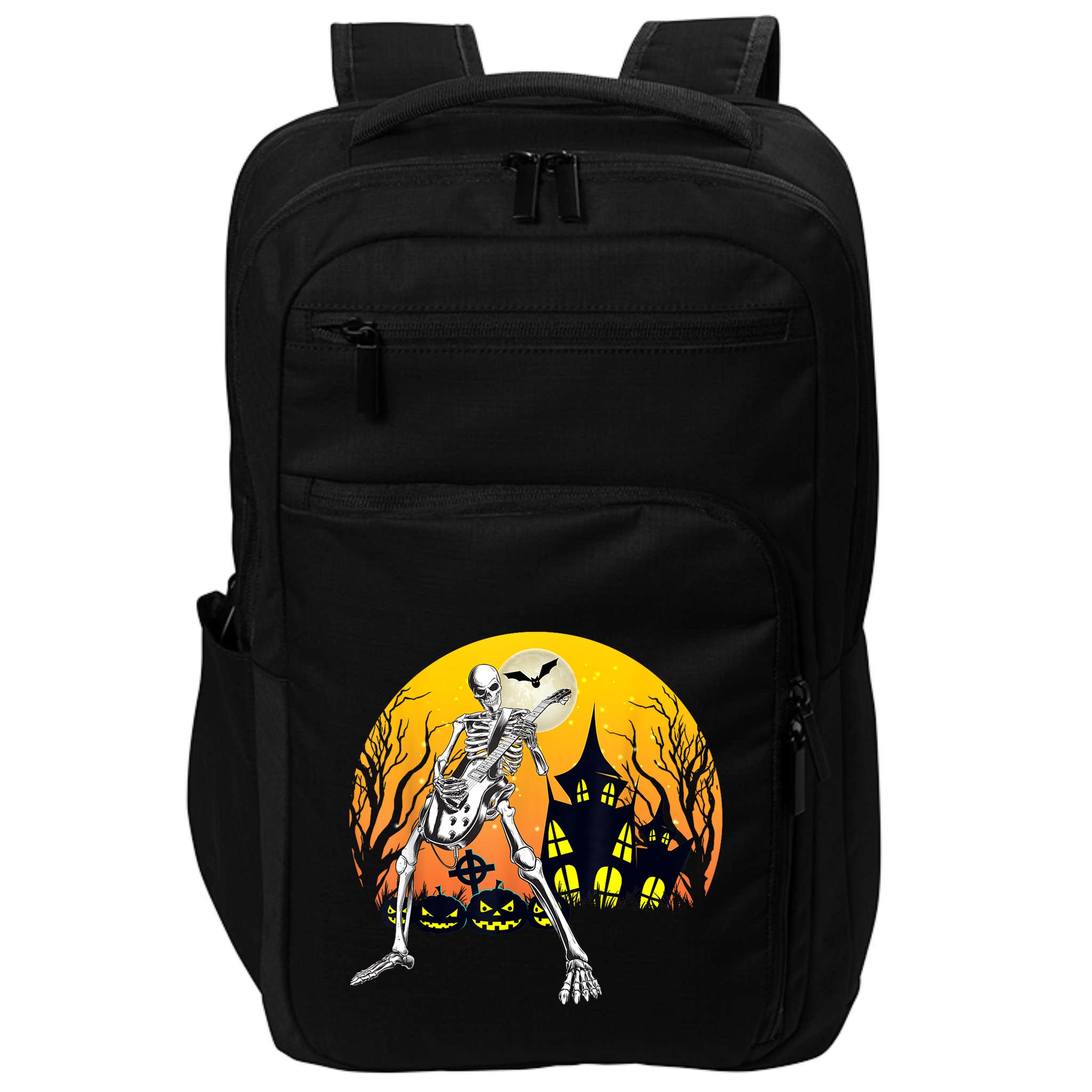 Funny Skeleton Playing Guitar Pumpkin Happy Halloween Vibes Impact Tech Backpack