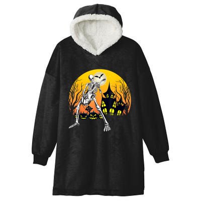 Funny Skeleton Playing Guitar Pumpkin Happy Halloween Vibes Hooded Wearable Blanket