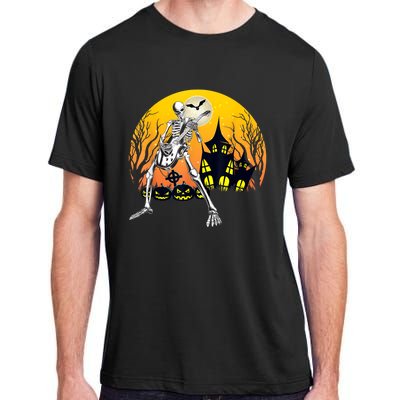 Funny Skeleton Playing Guitar Pumpkin Happy Halloween Vibes Adult ChromaSoft Performance T-Shirt