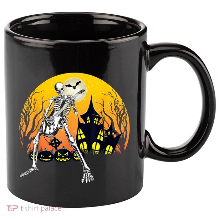 Funny Skeleton Playing Guitar Pumpkin Happy Halloween Vibes 11oz C Handle Ceramic Mug
