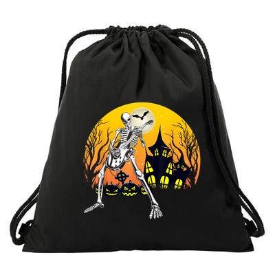 Funny Skeleton Playing Guitar Pumpkin Happy Halloween Vibes Drawstring Bag