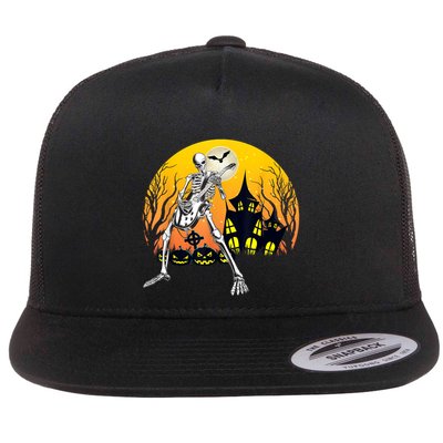 Funny Skeleton Playing Guitar Pumpkin Happy Halloween Vibes Flatbill Hat