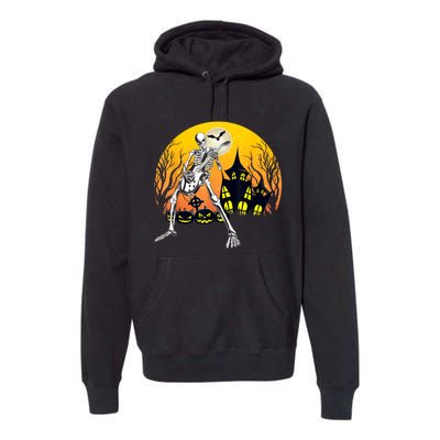 Funny Skeleton Playing Guitar Pumpkin Happy Halloween Vibes Premium Hoodie