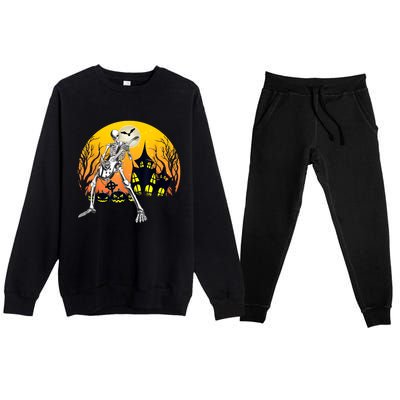 Funny Skeleton Playing Guitar Pumpkin Happy Halloween Vibes Premium Crewneck Sweatsuit Set