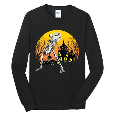 Funny Skeleton Playing Guitar Pumpkin Happy Halloween Vibes Tall Long Sleeve T-Shirt