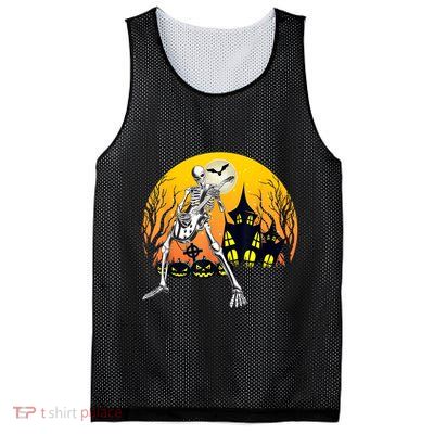 Funny Skeleton Playing Guitar Pumpkin Happy Halloween Vibes Mesh Reversible Basketball Jersey Tank