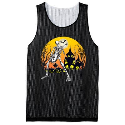 Funny Skeleton Playing Guitar Pumpkin Happy Halloween Vibes Mesh Reversible Basketball Jersey Tank