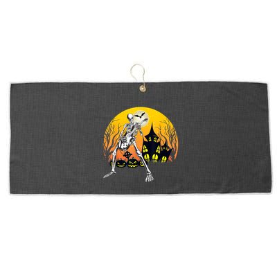 Funny Skeleton Playing Guitar Pumpkin Happy Halloween Vibes Large Microfiber Waffle Golf Towel