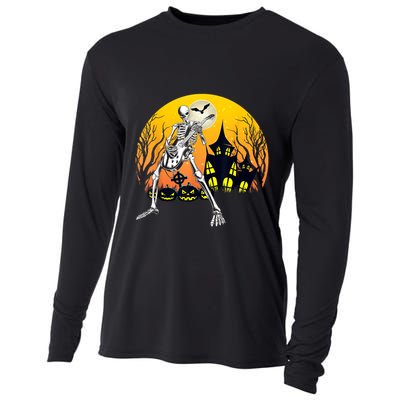 Funny Skeleton Playing Guitar Pumpkin Happy Halloween Vibes Cooling Performance Long Sleeve Crew