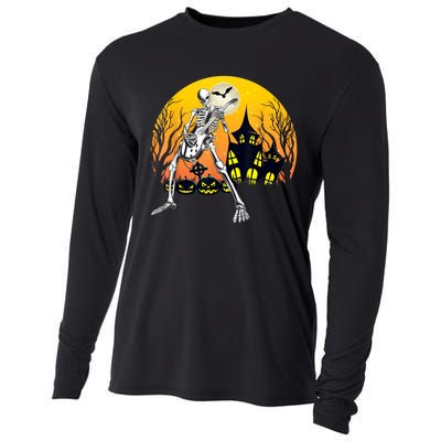 Funny Skeleton Playing Guitar Pumpkin Happy Halloween Vibes Cooling Performance Long Sleeve Crew