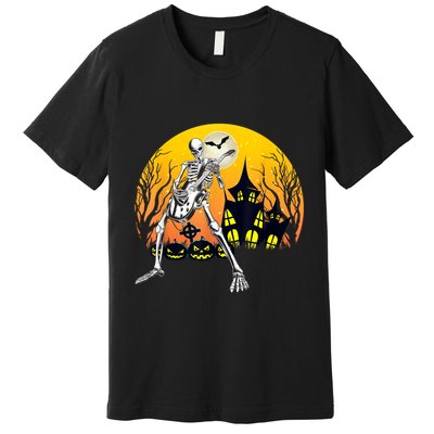 Funny Skeleton Playing Guitar Pumpkin Happy Halloween Vibes Premium T-Shirt