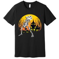 Funny Skeleton Playing Guitar Pumpkin Happy Halloween Vibes Premium T-Shirt