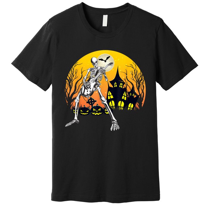 Funny Skeleton Playing Guitar Pumpkin Happy Halloween Vibes Premium T-Shirt