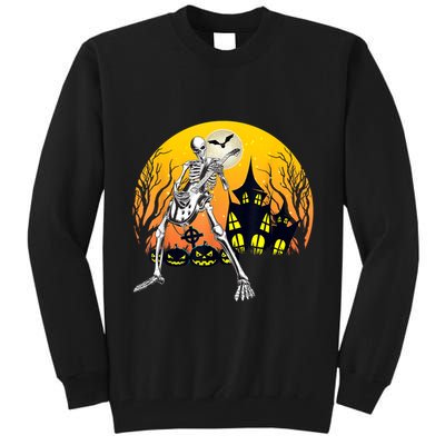 Funny Skeleton Playing Guitar Pumpkin Happy Halloween Vibes Tall Sweatshirt