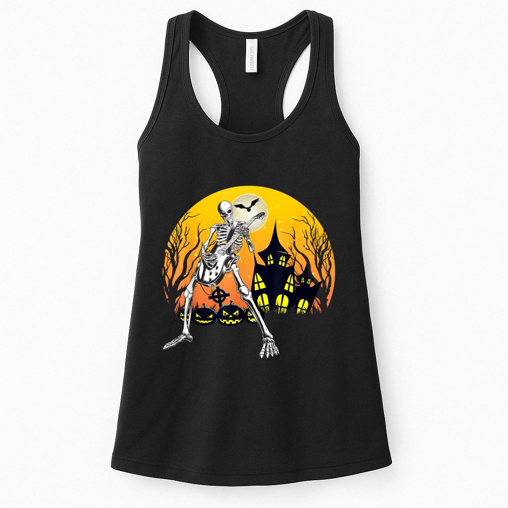 Funny Skeleton Playing Guitar Pumpkin Happy Halloween Vibes Womens Tank Top