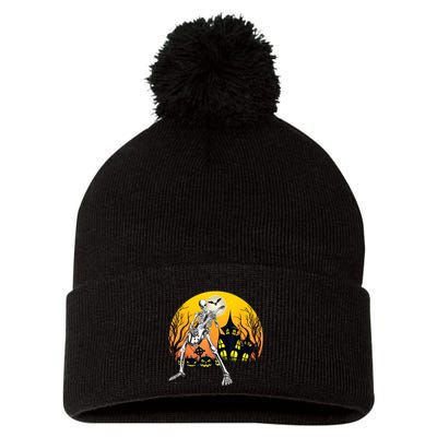 Funny Skeleton Playing Guitar Pumpkin Happy Halloween Vibes Pom Pom 12in Knit Beanie