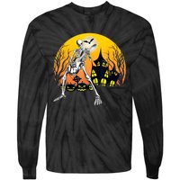 Funny Skeleton Playing Guitar Pumpkin Happy Halloween Vibes Tie-Dye Long Sleeve Shirt