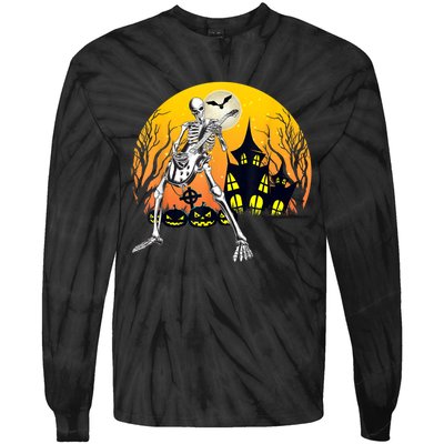 Funny Skeleton Playing Guitar Pumpkin Happy Halloween Vibes Tie-Dye Long Sleeve Shirt