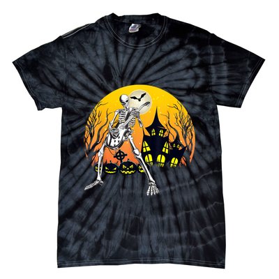 Funny Skeleton Playing Guitar Pumpkin Happy Halloween Vibes Tie-Dye T-Shirt