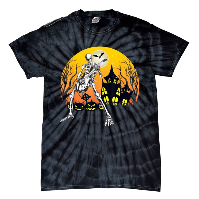 Funny Skeleton Playing Guitar Pumpkin Happy Halloween Vibes Tie-Dye T-Shirt