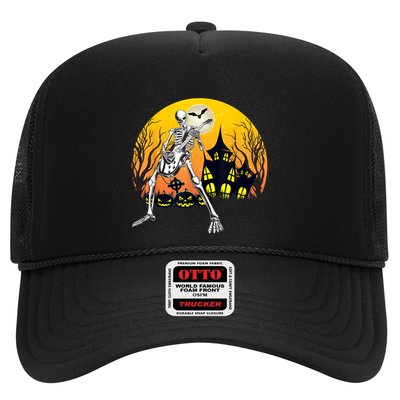 Funny Skeleton Playing Guitar Pumpkin Happy Halloween Vibes Trucker Hat