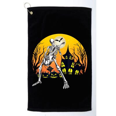 Funny Skeleton Playing Guitar Pumpkin Happy Halloween Vibes Golf Towel