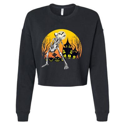 Funny Skeleton Playing Guitar Pumpkin Happy Halloween Vibes Cropped Pullover Crew
