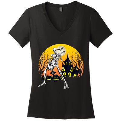 Funny Skeleton Playing Guitar Pumpkin Happy Halloween Vibes Women's V-Neck T-Shirt