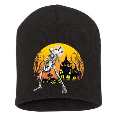 Funny Skeleton Playing Guitar Pumpkin Happy Halloween Vibes Short Acrylic Beanie