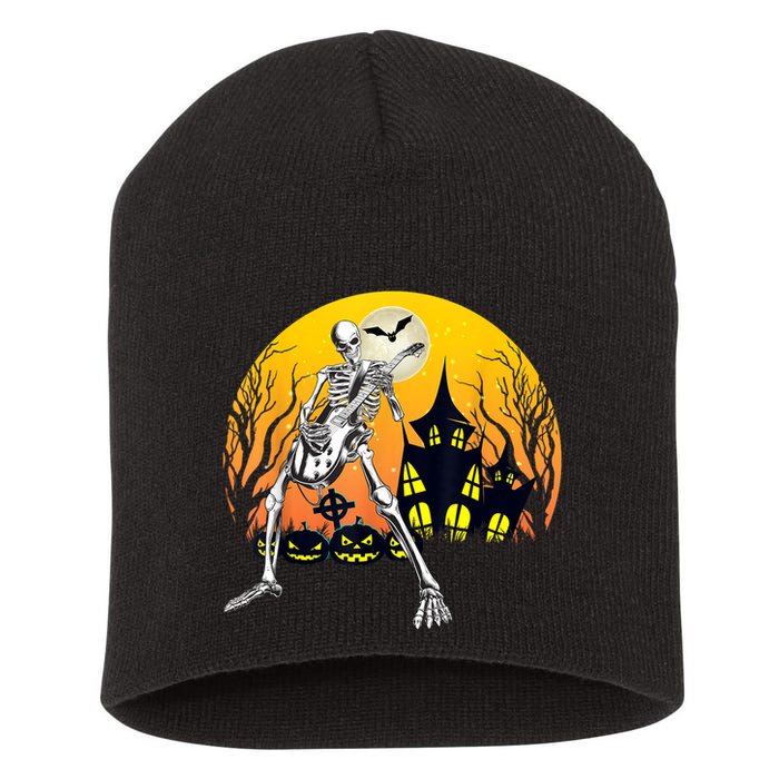 Funny Skeleton Playing Guitar Pumpkin Happy Halloween Vibes Short Acrylic Beanie