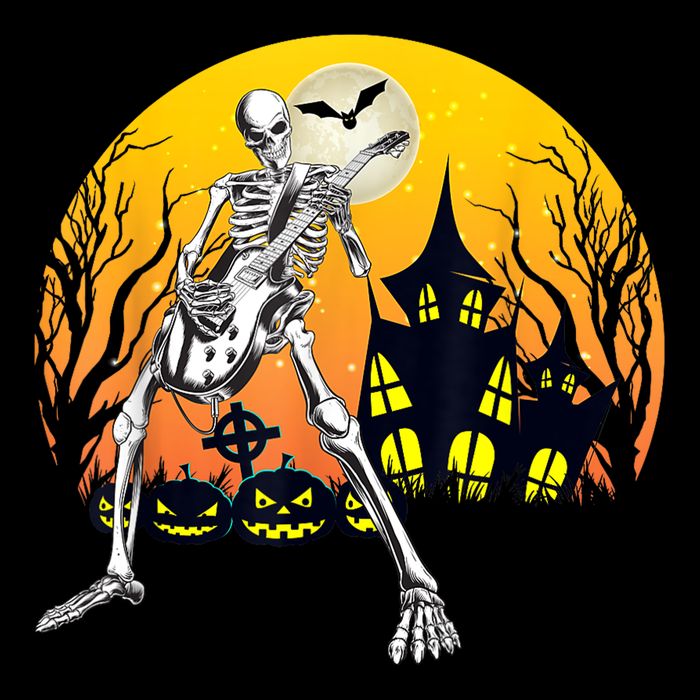 Funny Skeleton Playing Guitar Pumpkin Happy Halloween Vibes Short Acrylic Beanie